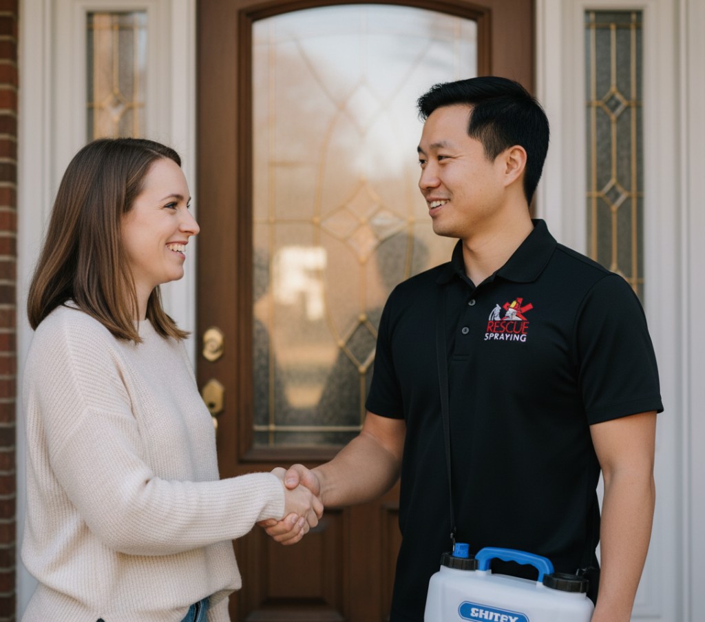 Rescue Spraying technician treating a restaurant interior while chairs are stacked for service.