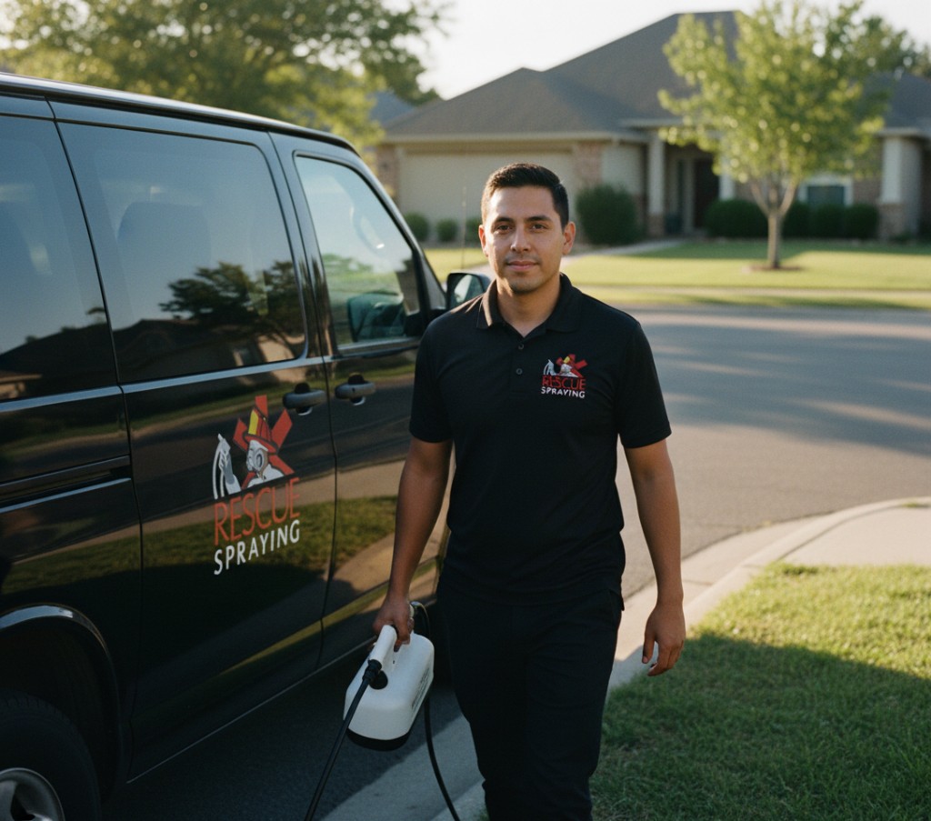 In-home consultation between technician and homeowner at a kitchen counter.