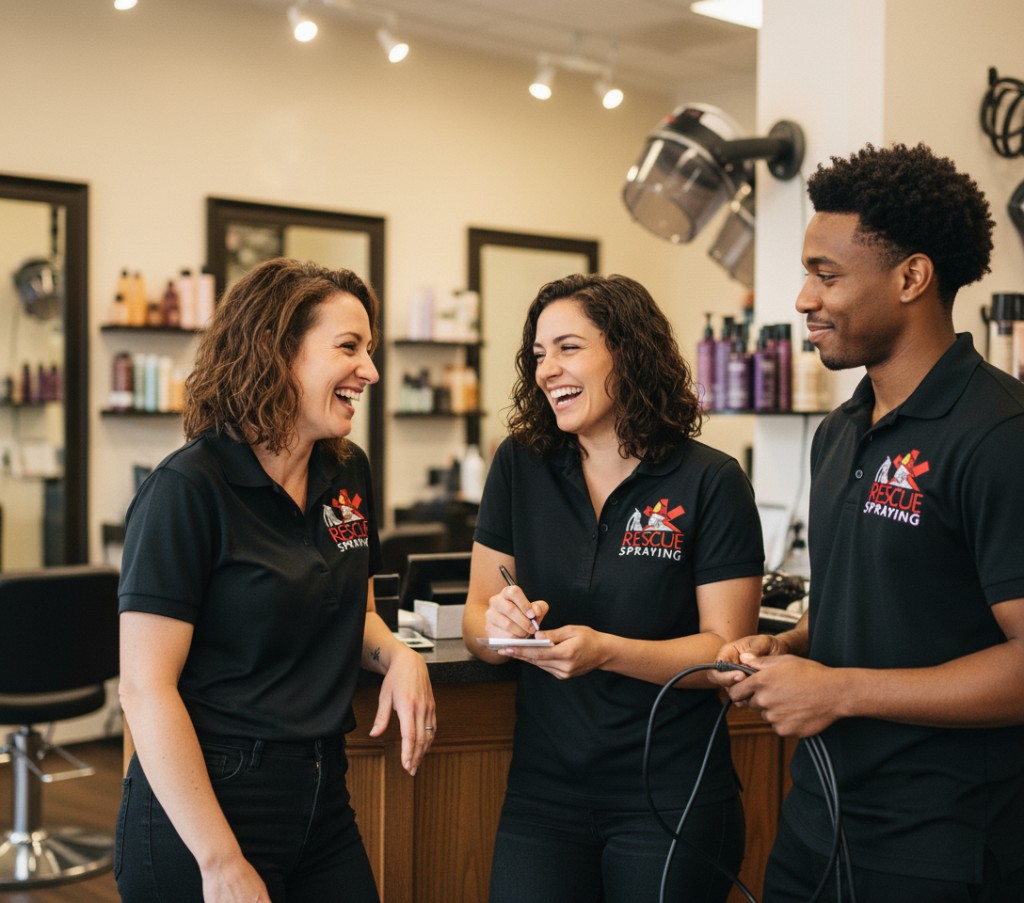 Three Rescue Spraying team members in uniform outside their facility.